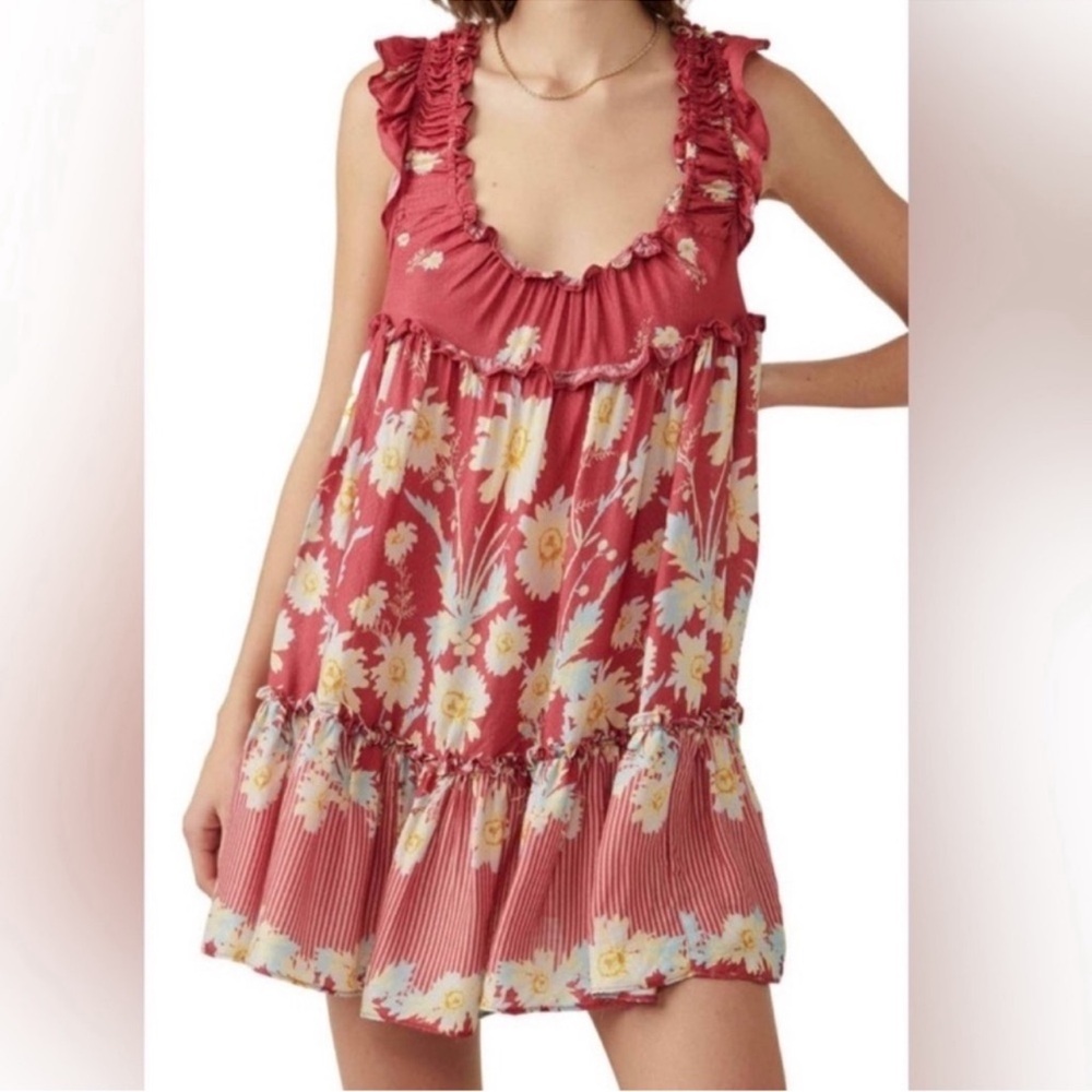 Free People Floral Ruffle Dress in Red and Yellow